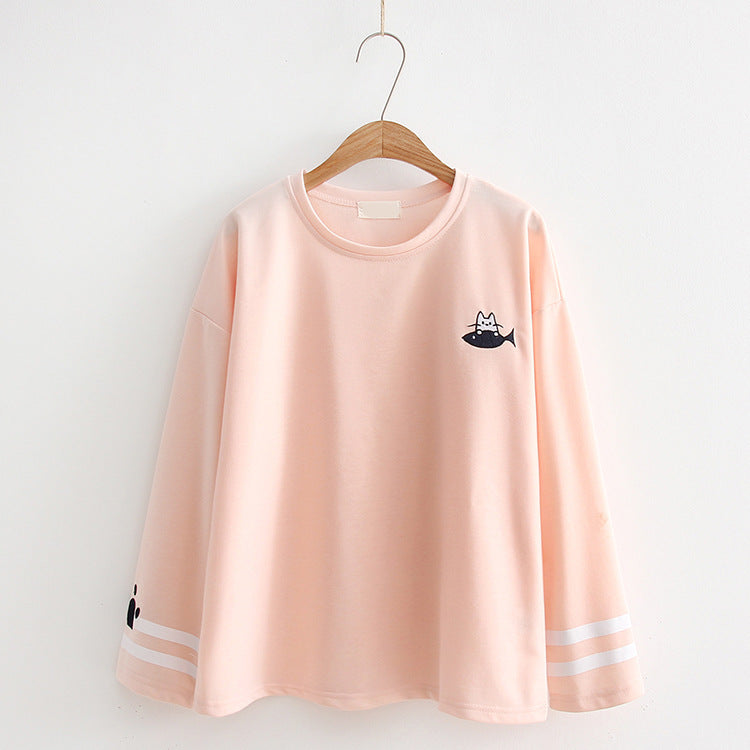 Cute Cat Embroidery Long Sleeve T-shirt