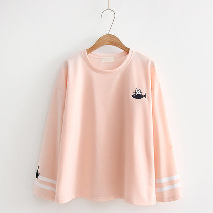 Cute Cat Embroidery Long Sleeve T-shirt